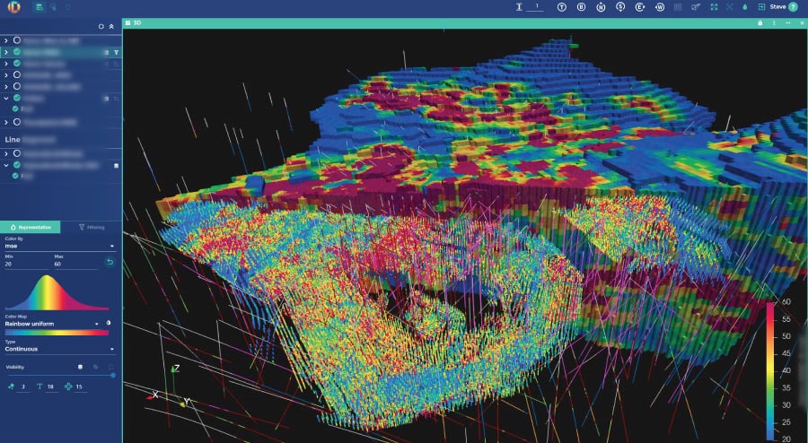 A 3D model showing a block model overlaid with drill hole data. Image: DataCloud